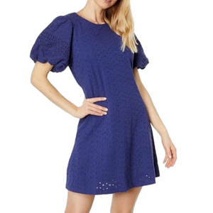 New FREE PEOPLE Women's Large Indigo Blue Apricot Rose Mini Dress Puff Sleeves